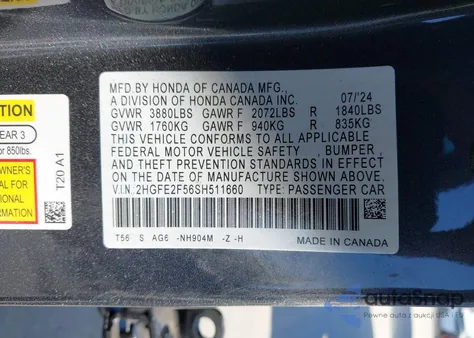 2025 Honda Civic Sport z USA, uszkodzony, nr VIN 2HGFE2F56SH511660